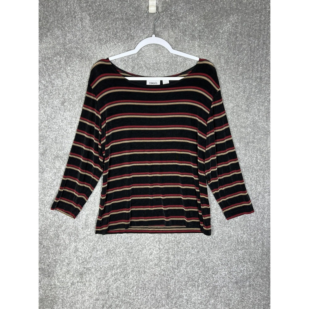 Chicos Travelers Top Womens Sz 3 US Size XL Black Red Tan Striped Slinky Knit